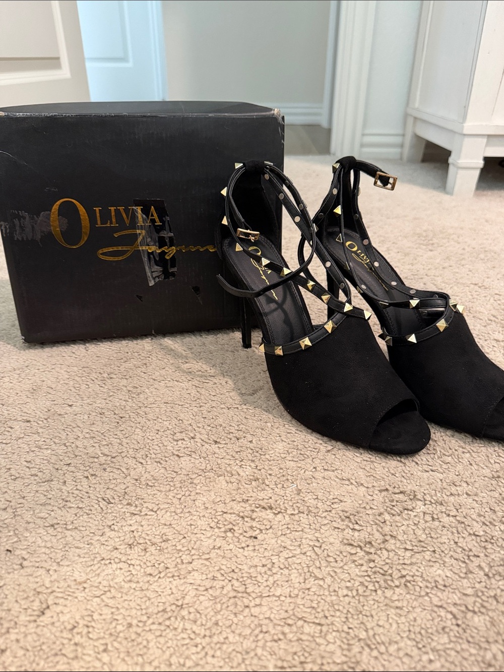 Olivia Jaymes Black Studded Peep-Toe Heels with Ankle Straps